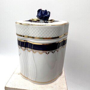 Vintage Hollohaza Hungary White & Blue Ceramic Jam Pot Sugar Pot Weight 9.5